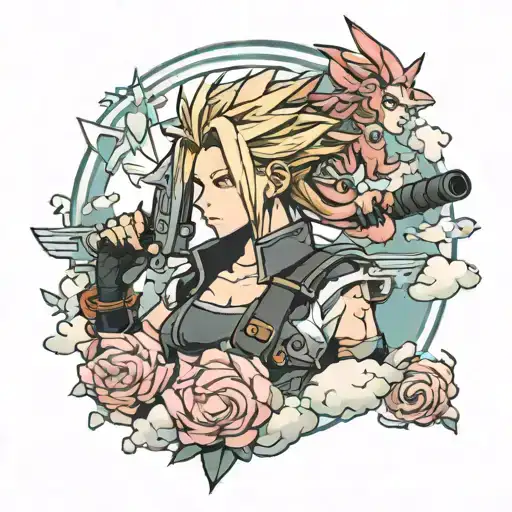 Create a custom Final Fantasy VII tattoo design with Cloud, Zack and Aerith symbols tattoo design idea