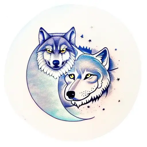 a moon in the background, a wolf in the center crying towards the sky, clouds covering the moon a little and stars in th tattoo design idea