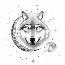 a moon in the background, a wolf in the center crying towards the sky, clouds covering the moon a little and stars in th tattoo design idea