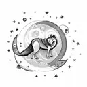 a moon in the background, a wolf in the center crying towards the sky, clouds covering the moon a little and stars in th tattoo design idea