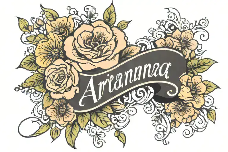 Different types flowers with the name Arianna in cursive an the middle of the flowers, with a bible strip tattoo design idea