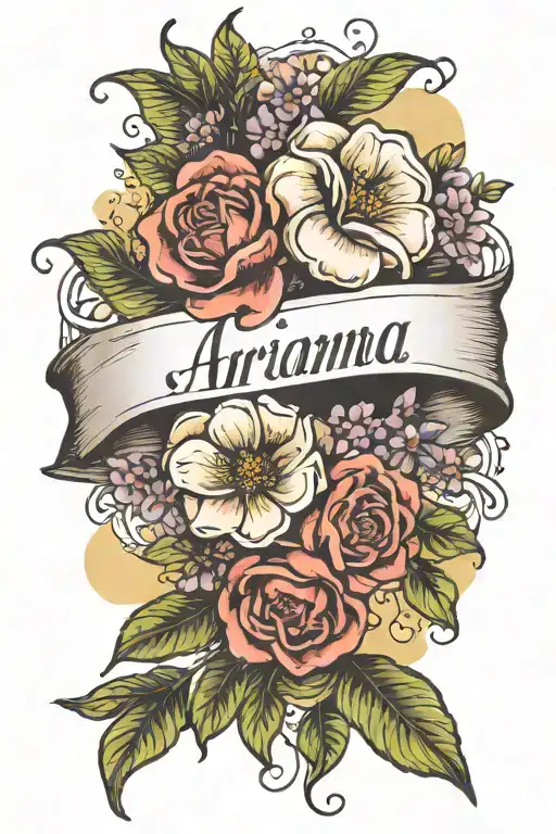 Different types flowers with the name Arianna in cursive an the middle of the flowers, with a bible strip tattoo design idea