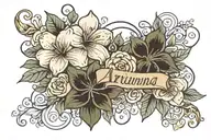 Different types flowers with the name Arianna in cursive an the middle of the flowers, with a bible strip tattoo design idea