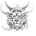 demon with big horns fighting a lion on a clock tattoo design idea
