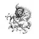 demon with big horns fighting a lion on a clock tattoo design idea