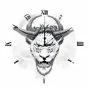 demon with big horns fighting a lion on a clock tattoo design idea