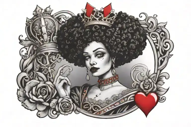 queen of hearts with an Afro and crown tattoo design idea