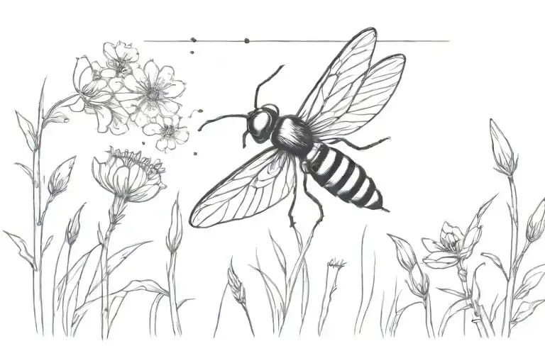 A minimalist tattoo of a firefly flying over a field of flowers, symbolizing the beauty of life and its fleeting nature tattoo design idea