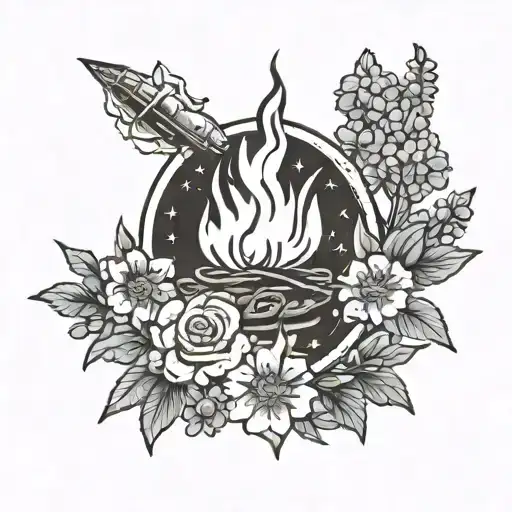 A traditional tattoo design of a campfire surrounded by blooming delphinium and aster flowers, with a subtle nod to customer service in the background tattoo design idea
