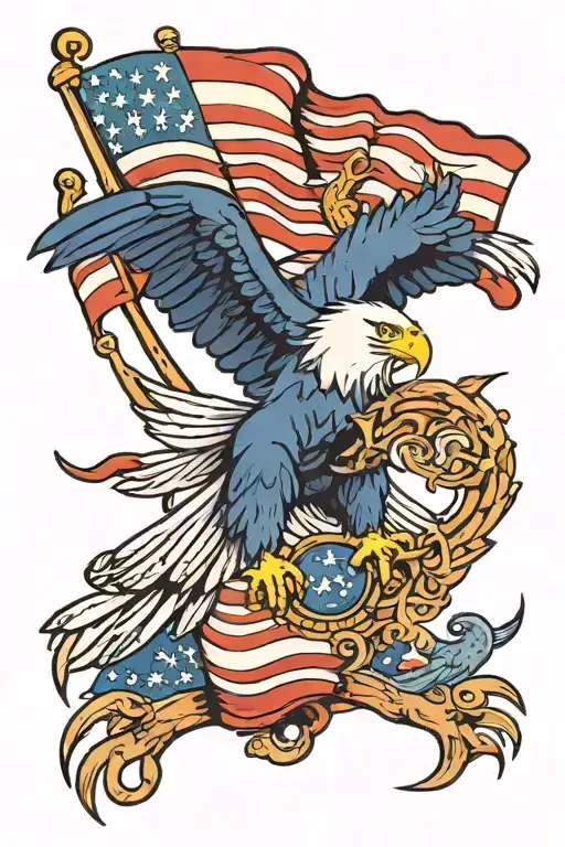 bald eagle and American flag waving tattoo design idea