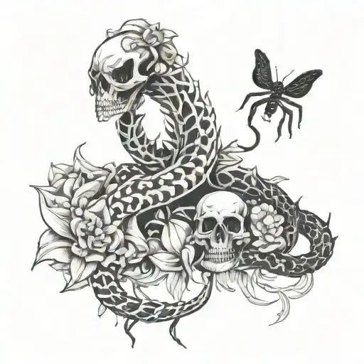 snake skeleton and spider lili flowers surrounded tattoo design idea