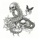 snake skeleton and spider lili flowers surrounded tattoo design idea