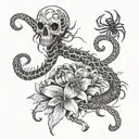 snake skeleton and spider lili flowers surrounded tattoo design idea