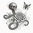 snake skeleton and spider lili flowers surrounded tattoo design idea
