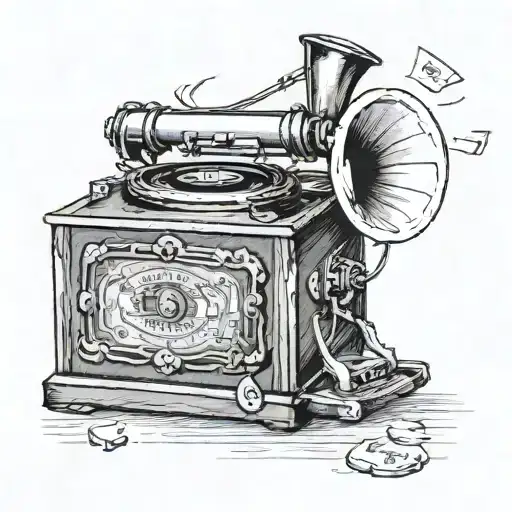 phonograph with two mini glass doors on the front. the front side of the box has a semi-circle shape.   tattoo design idea
