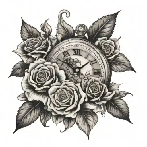 small clock with roses inside and rosarie wrapped around the clock  tattoo design idea