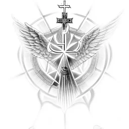 Christian cross-centered in a catholic-assyrian style with archangels, incorporating elements of divine light and Christ tattoo design idea