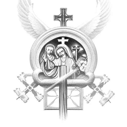 Catholic Cross with archangels in background tattoo design idea