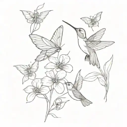 butterfly and hummingbird with march birth flowers simple  tattoo design idea
