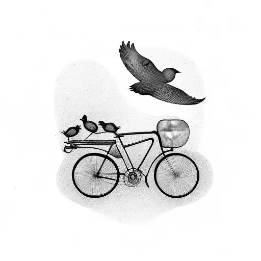 A black-grey tattoo of a vintage bicycle being carried by a flock of bird silhouette tattoo design idea