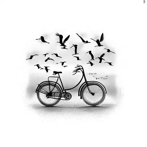 A black-grey tattoo of a vintage bicycle surrounded by a flock of birds in silhouette tattoo design idea