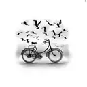 A black-grey tattoo of a vintage bicycle surrounded by a flock of birds in silhouette tattoo design idea