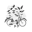 A black-grey tattoo of a vintage bicycle surrounded by a flock of birds in silhouette tattoo design idea