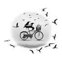 A black-grey tattoo of a vintage bicycle surrounded by a flock of birds in silhouette tattoo design idea