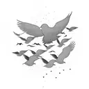 A black-grey tattoo of a vintage bicycle surrounded by a flock of birds in silhouette tattoo design idea