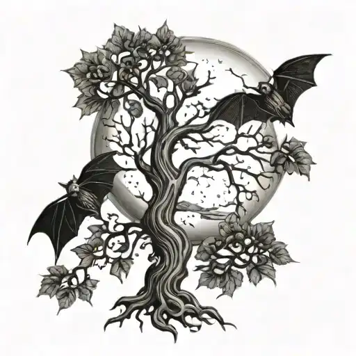 poision tree with moon and bats tattoo design idea