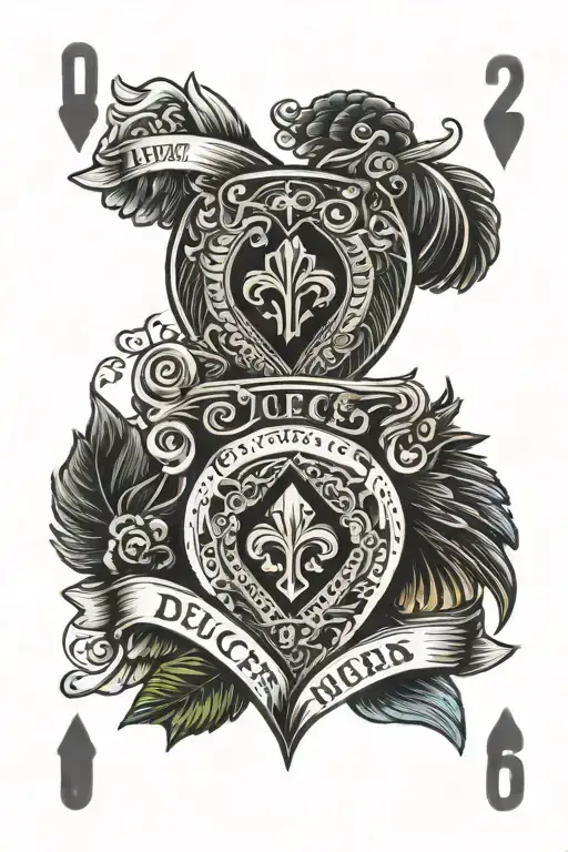 two playing cards. two of heart & jack of hearts. jack has black angel wings. banner above says Deuces High.  tattoo design idea