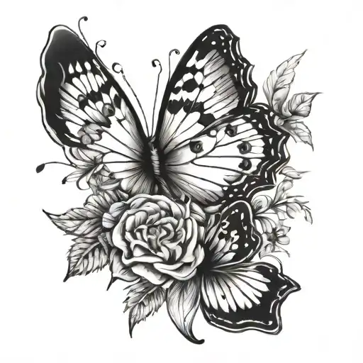 A black-grey design featuring a butterfly and wildflower to represent the concept of unconditional love tattoo design idea