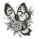 A black-grey design featuring a butterfly and wildflower to represent the concept of unconditional love tattoo design idea