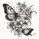 A black-grey design featuring a butterfly and wildflower to represent the concept of unconditional love tattoo design idea