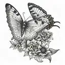 A black-grey design featuring a butterfly and wildflower to represent the concept of unconditional love tattoo design idea