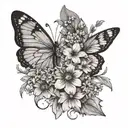 A black-grey design featuring a butterfly and wildflower to represent the concept of unconditional love tattoo design idea