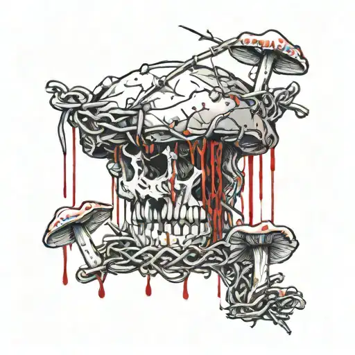 broken barbed wire with blood dripping and finally morhing into canabis and mushrooms tattoo design idea