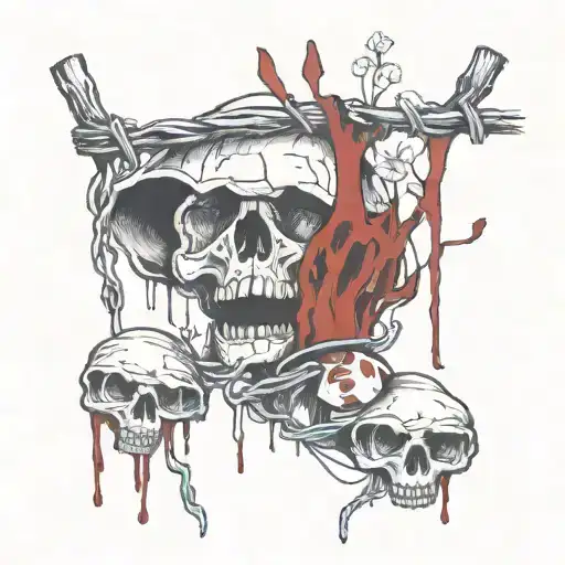 broken barbed wire with blood dripping and finally morhing into canabis flower and mushrooms tattoo design idea
