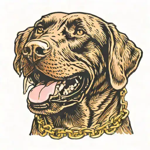 chocolate lab with underbite and gold chain tattoo design idea