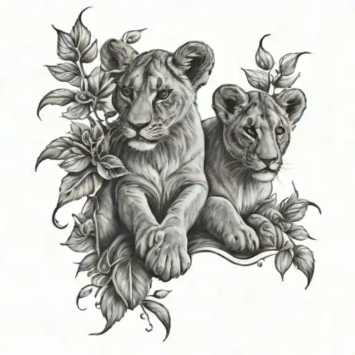 Lioness, two lion cubs, rose vine tattoo design idea