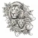 lion mother, two lion cubs, rose vine tattoo design idea