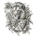 lion mother, two lion cubs, rose vine tattoo design idea