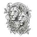 lion mother, two lion cubs, rose vine tattoo design idea