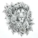 lion mother, two lion cubs, rose vine tattoo design idea