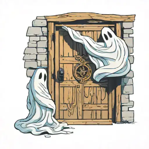 a small cartoon ghost in a white blanket stands in front of an open medieval wooden door with a rounded top tattoo design idea
