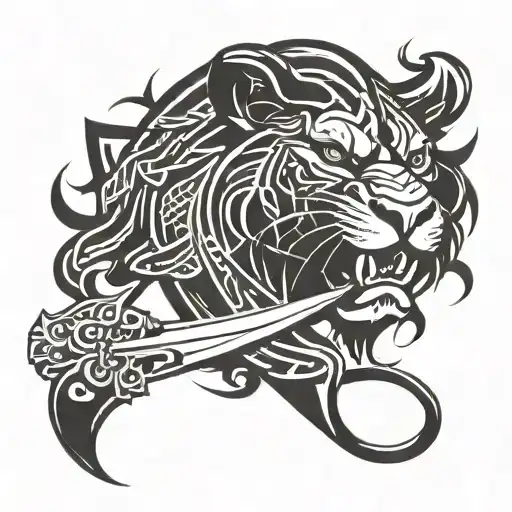 double edged Zulfiqar sword in the mouth of a Lion  tattoo design idea
