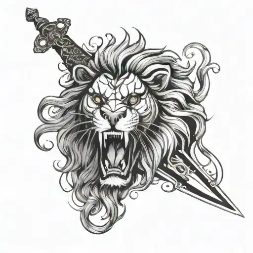 double edged (2 pointed)  Zulfiqaar sword of imam ali in the mouth of a Lion ideally to be placed on right shoulder  tattoo design idea