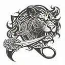 double edged Zulfiqar sword in the mouth of a Lion  tattoo design idea