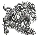 double edged Zulfiqar sword in the mouth of a Lion  tattoo design idea