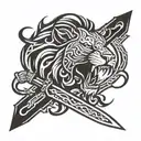 double edged Zulfiqar sword in the mouth of a Lion  tattoo design idea